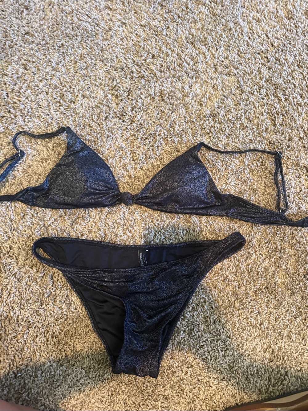 stradivarius Black Shimmer Triangle Bikini Set